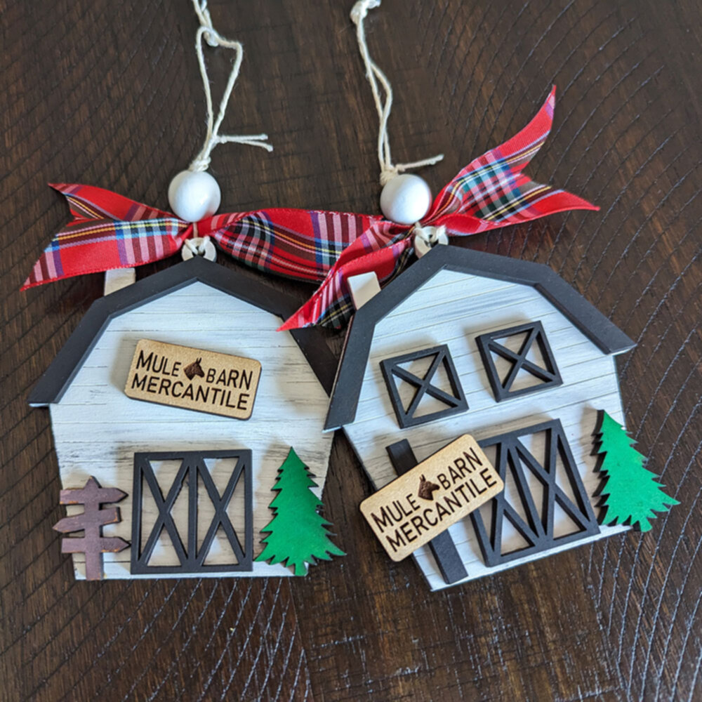 Gray barn christmas tree ornament