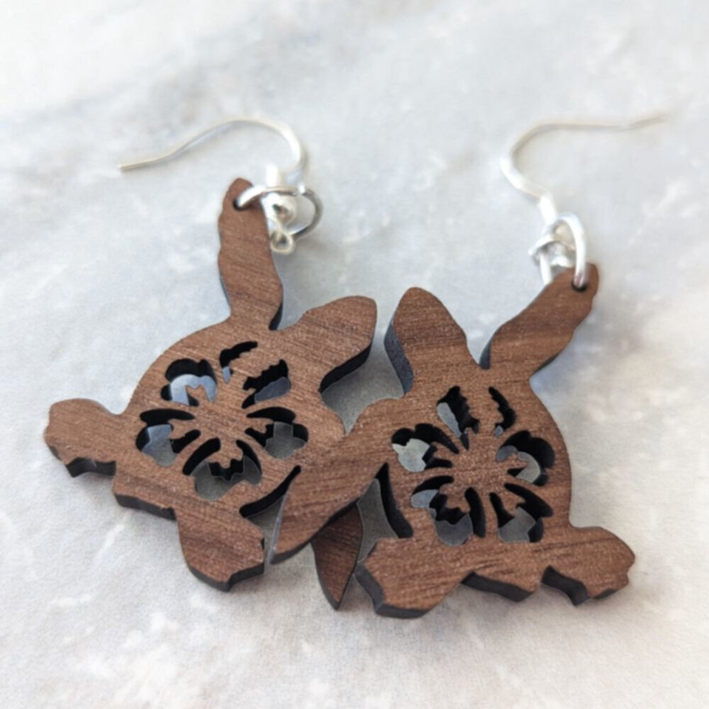 Walnut wood laser cut sea turtle earrings