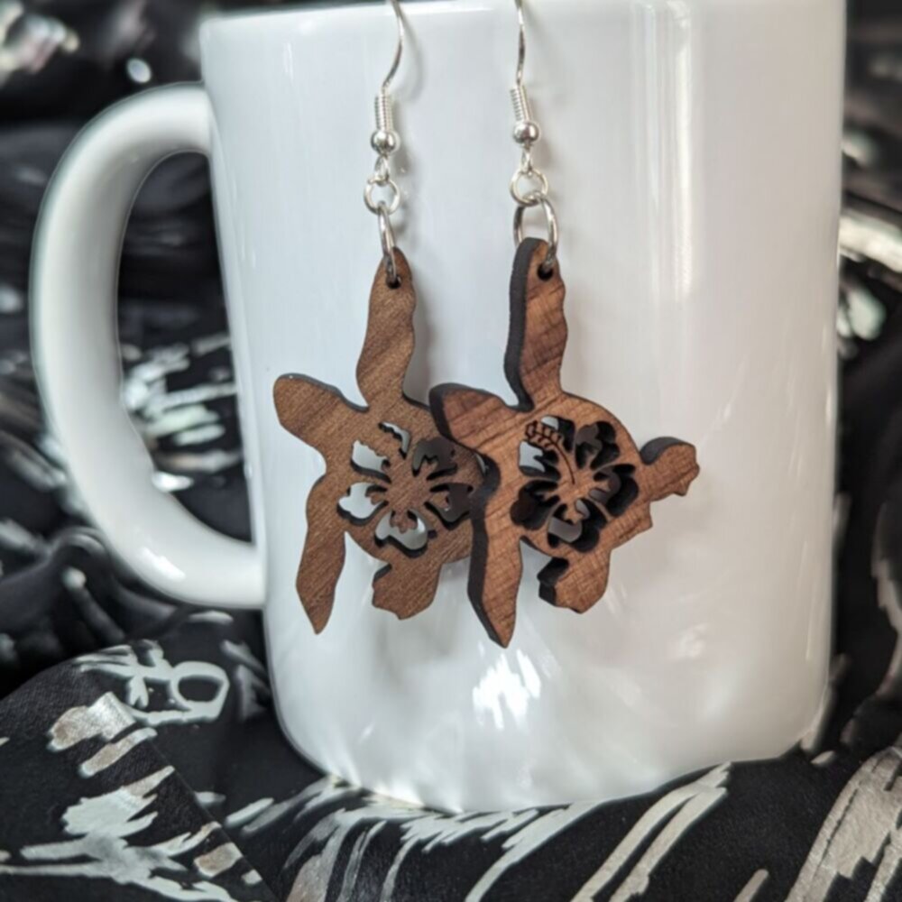 Walnut wood laser cut sea turtle earrings