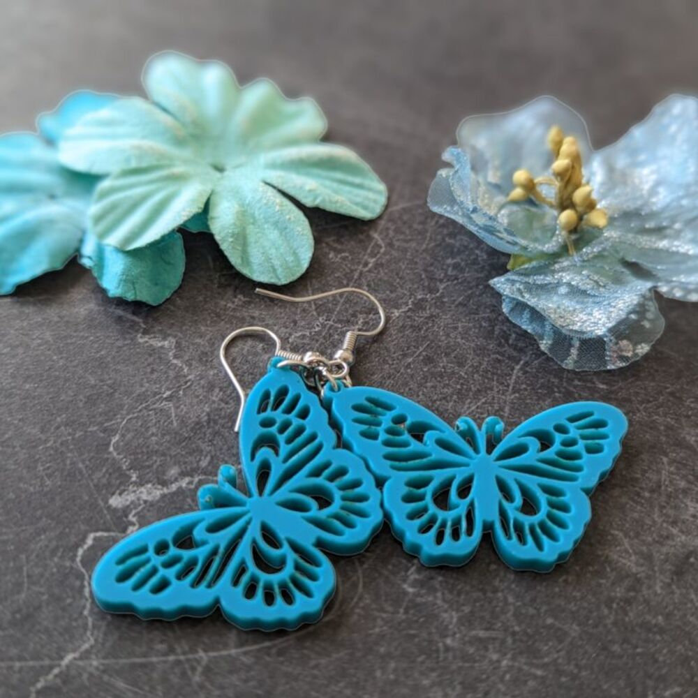Blue acrylic butterfly earrings