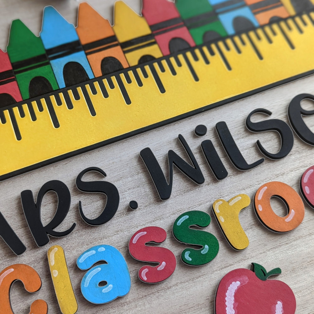 A brightly colored round sign for a teacher's classroom