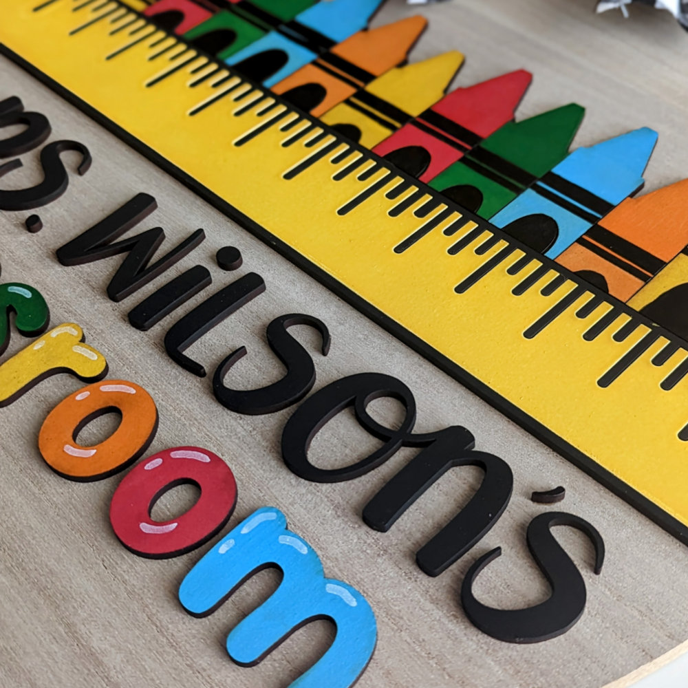 A brightly colored round sign for a teacher's classroom
