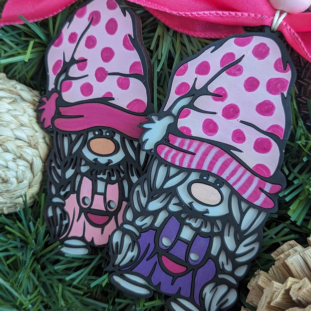 Two Pink Gnome Ornaments