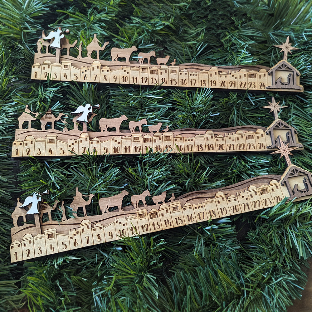 Three nativity calendars fully on display.