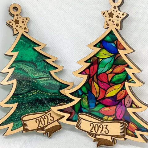 Christmas tree ornaments with colorful inlays.